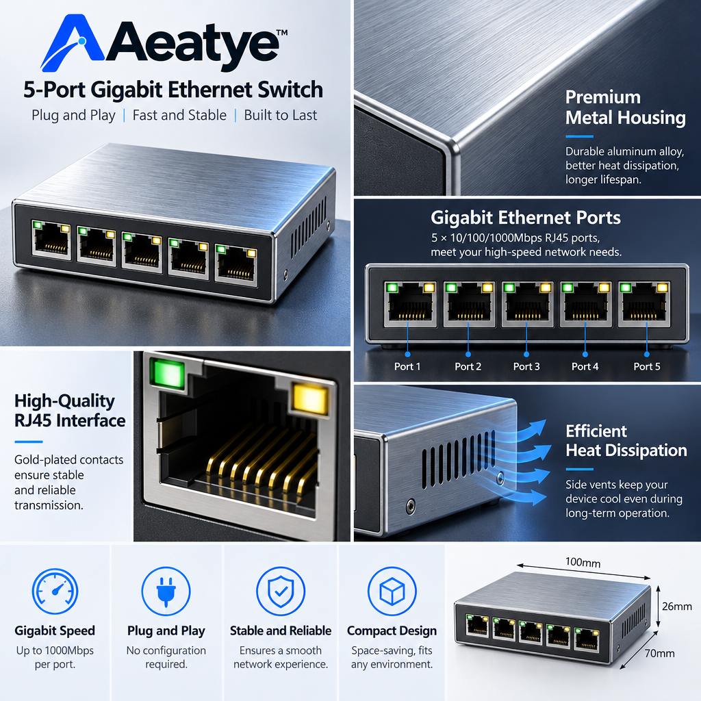 Five-Port Ethernet Switch — supplied promotional detail graphic