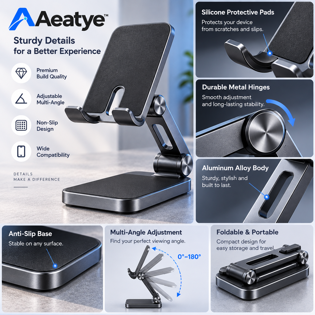 Folding Phone Stand — supplied promotional detail graphic